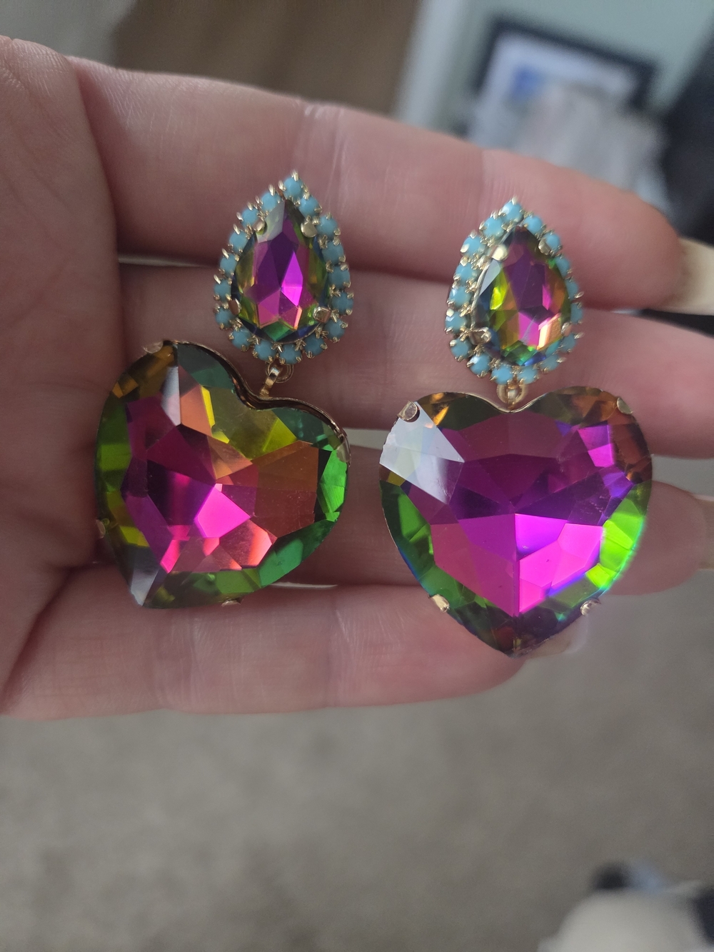 GirleGems Volcano Glass Gem Multicolor Heart Drop Earrings